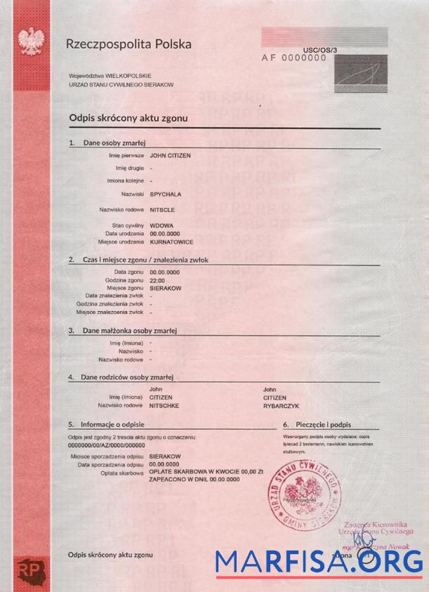Realistic Poland death certificate real example